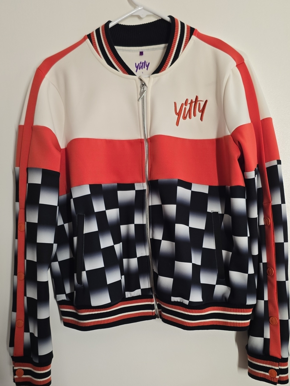 YITTY Womens Colorblock Checkerboard Zip Jacket in Red, Black & White